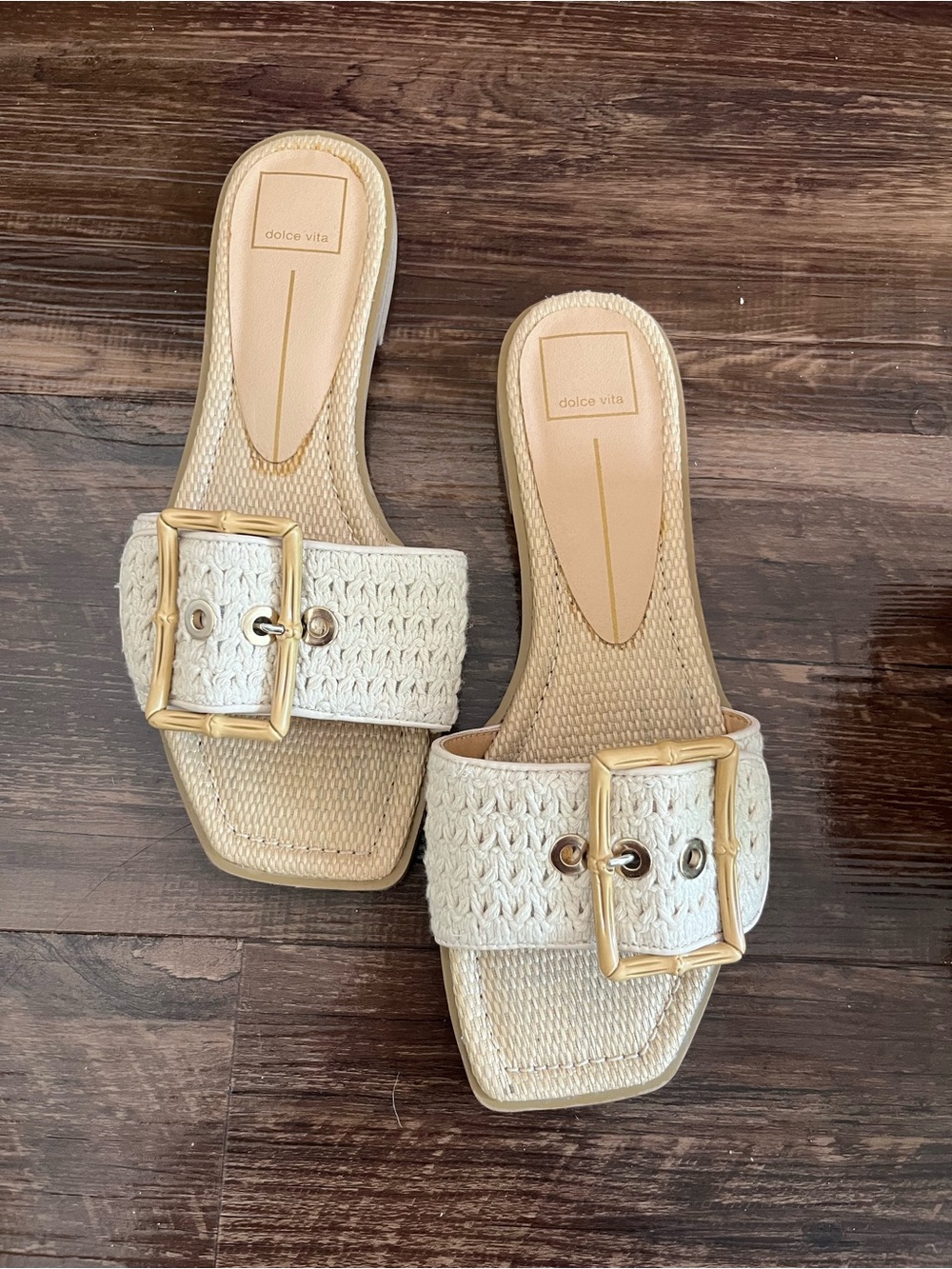 Dolce Vita Cream Braided Slide Sandals with Gold Buckle
